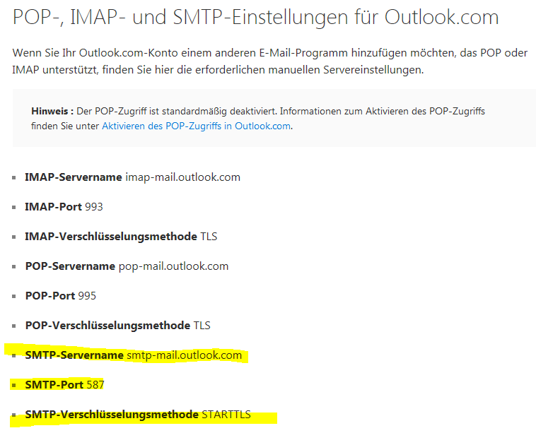 the settings for SMTP according to Microsoft Help