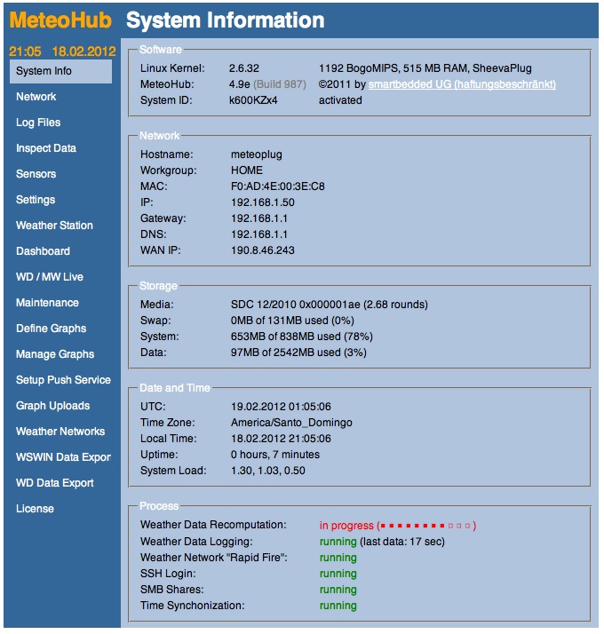 my Meteohub System screen