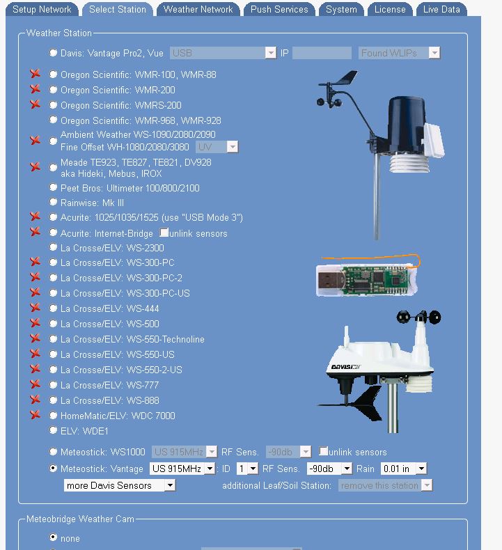 Meteobridge Station Select screen